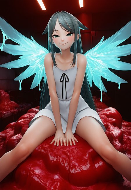1girl, slender body, masterpiece, best quality, amazing quality, glowing red glue meat room (environment), soft glowing teal-green glue background,(atmosphere), green glue, absurdres, best quality, 4k, upscale, Saya, 1girl, solo, long hair, green eyes, dress, wings, sundress, smile, very long hair, white dress, green hair, ribbon, bare shoulders, hair flaps, looking at viewer, sleeveless, pose, rating_safe, <lora:Saya_IL:0.8>, extreme detail, (slime (substance):1.5),<lora:jiaoshui_pony:1.5>, red meat room, growing flora, red glue room, cowered in glue, veiny glue, red glue walls, sitting, very beautiful green wings, rotten glue room, saya no uta aesthetic, 3d,

, x3d, blender, <lora:x3d V2 Locon NoobAI Epsilon dec0.05 tagdrop01_1:1> <lora:3DStyle Locon NoobAI EPSILON 1224 V4 RealisticCartoon3D dec0.05 tagdrop01:0.6>