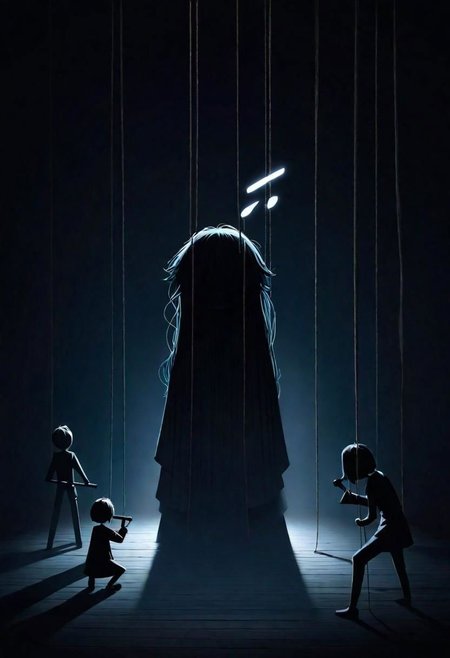 Generate an illustration of an anime puppeteer manipulating shadows and strings, symbolizing the art of puppeteer moves in dark psychology. The figure should have a mysterious aura., poster, typography, vibrant, cinematic, photo, 3d render