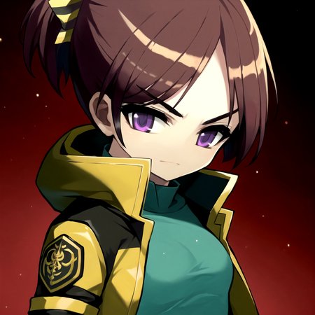 masterpiece, best quality, absurdres, detailed, 1girl, solo, AkiraGGN, short hair, brown hair, purple eyes, yellow hair bow, yellow jacket, blue hoodie, short shorts, medium breasts, parted bangs, ponytail, portrait, <lora:AkiraGGN:1>  <lora:maplestoryStyle_v30:1>