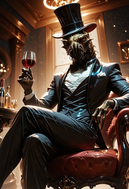 masterpiece, best quality, very aesthetic, newest,  1boy, pr4wn, alien, solo, tuxedo, top hat, drinking wine, frown, Crossed legs