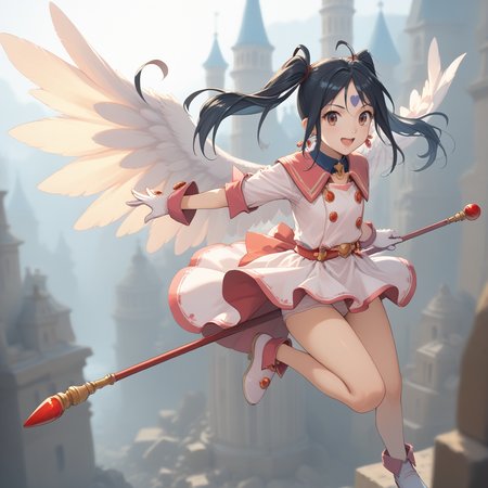 20yo, score_9,score_8_up,score_7_up,score_6_up, shiny oild skin, 
Skuld, open mouth, gloves, twintails, jewelry, full body, :d, earrings, white gloves, magical girl, staff, wand, castle night jumping dynamic poses On the roof upper body, gigantic angel wings, 
 <lora:Skuld:0.85> <lora:zy_Detailed_Backgrounds_v1:2>