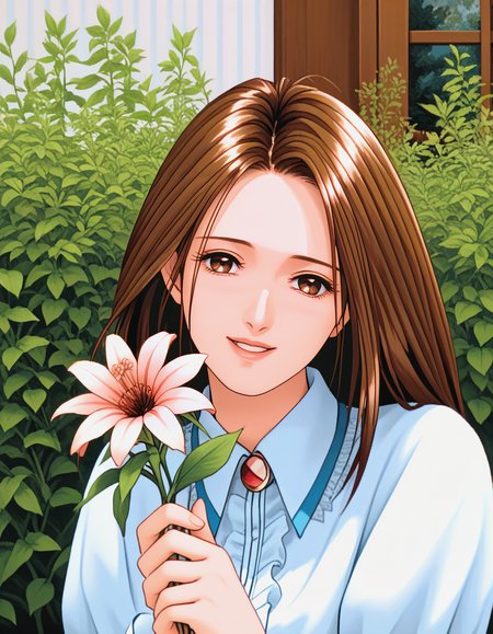 score_9, score_8_up, score_7_up, source_anime, masterpiece, high quality, 1girl,
 <lora:ShirakawaReiko_Pony_v01:1> shirakawareiko, brown hair, brown eyes, hand in own hair, parted lips, smile, head tilt, flowers, holding flower,