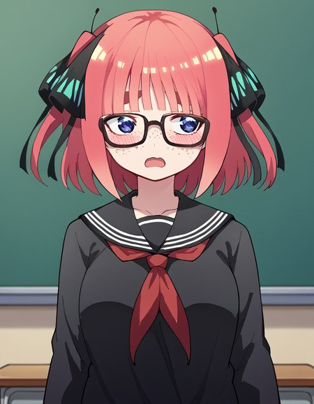 score_9, score_8_up, score_7_up, source_anime, <lora:nnakano-s2-ponyxl-lora-nochekaiser:1>, short hair, bangs, blue eyes, hair ornament, hair ribbon, pink hair, blunt bangs, two side up, butterfly hair ornament, large breasts,, <lora:jimiko-ponyxl-lora-nochekaiser:1>, jimiko, glasses, black-framed eyewear, messy, unkempt, thick eyebrows, twintails, braids, freckles, baggy eyes,, blush, open mouth, embarrassed, classroom, adjusting eyewear, serafuku, black serafuku, red neckerchief, skirt, black skirt, pleated skirt, cowboy shot, <lora:averting-eyes-ponyxl-lora-nochekaiser:1>, averting eyes,