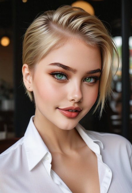 Photorealistic portrait of a 28-year-old busty ANG3L1QU3 in restaurant wearing a white-knotted-shirt. Long oval face, flawless even skintone, robust (green eyes), full glossy lips, seductive smile. vivid blonde hair, huge breasts. Subtle smoky makeup, flirty gaze