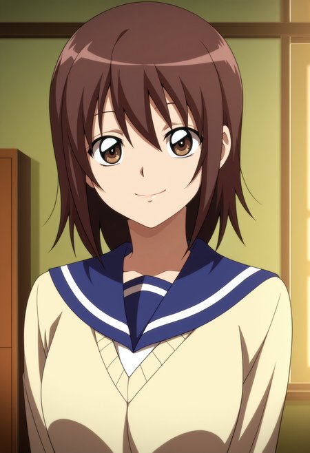 1girl,solo,mm,aged up,short hair,brown hair,brown eyes,anime coloring,
school uniform,serafuku,sweater,upper body, smile,looking at viewer, indoors
,masterpiece,best quality,amazing quality,<lora:Kana_Ienaga-Nurarihyon_no_Mago:0.9>