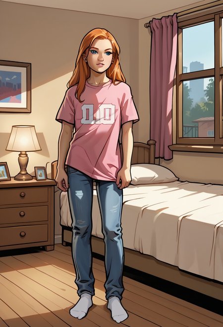 score_8, score_8_up, score_7_up, gtasa_style, gtasa_detailet, gtasa_loading_screen, 1girl, female focus, solo, Julie_power, blue eyes, long hair, orange hair, flat chest, pink shirt, t-shirt, jeans, socks, full body, standing, indoors, bedroom, bed, red sheets, nightstand, lamp, window, night,