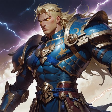 score_9, score_8_up, score_7_up, absurdres, intricate details, masterpiece, best quality, expressiveh,  source_anime, screencap, high quality cg, Nakroth, male, muscular build, long blonde spiky hair, glowing eyes, heroic pose, narrow waist, blue bodysuit with lightning bolt symbols on each pec, young Japanese handsome man, pale skin, full lips, angle from below, swirling hair
golden armor, dark blue pants, gold and blue sash, ornate designs, golden accents, chest armor
holding twin crescent blades, golden weapons, magical aura, lightning effects, black gloves, 
celestial setting, golden light, dynamic lighting, action pose, fantasy armor, epic aesthetic,MythAn1m3,concept art, realistic,