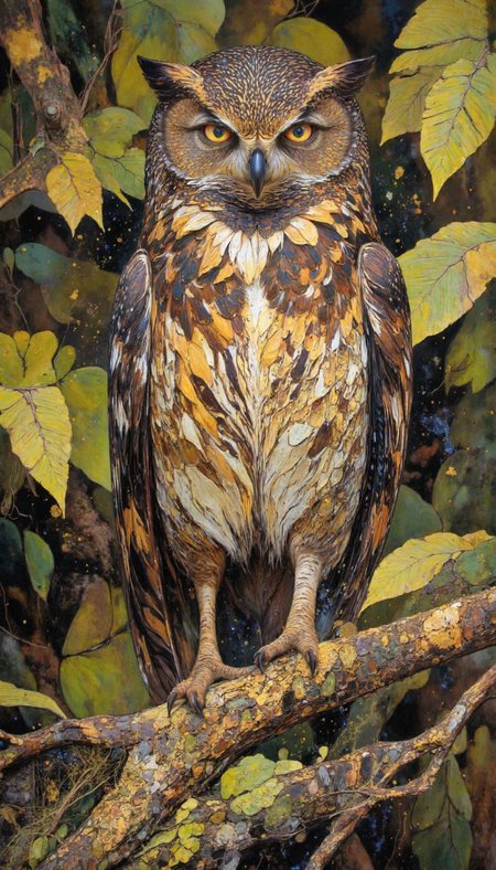 FFAIM,gold dust,DB4RZ style painting,golden cracks on white,mad-glwnggltch,horizontal brush stroke pattern,klimt, dyad color in fine details, A Spotted Owl ( *Strix occidentalis* ), perched on a lichen-encrusted branch. Dynamic three-quarter shot. Emphasize intricate, vermiculated plumage in shades of umber, sienna, and ochre.  Iridescence in yellow eyes.  Sharp talons gripping the branch.  Blurred, olive-green background bokeh. Soft, directional lighting highlighting the owl's face.  High resolution. Enhance background with subtle, crepuscular forest ambiance. Include delicate ferns and moss.