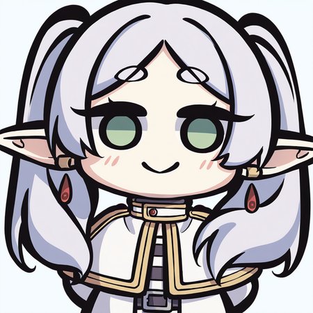 chibi,1girl,frieren,green eyes,grey hair,twintails,pointy ears,eyebrows,white capelet,long sleeves,earrings,striped shirt,arms behind back,smile,upper body,looking at viewer,solo,simple background,white background,<lora:Kei_Style_noob-4:1>,