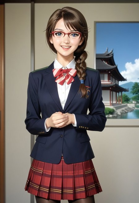 japanese castle, japanese traditional park, (photo realistic, japanese girl), ( hasegawa_hinako, 1girl, pantyhose, glasses, skirt, braid, brown hair, blue eyes, hair over shoulder, school uniform, single braid, shoes, jacket, blazer, long hair, pleated skirt, plaid skirt, looking at viewer), open mouth, looking at viewer, 1girl, (alone),  best quality, cowboy shot, seductive smile, large breast, Overall Detail, (slim, standing, looking at viewer, young-adult, one hand on waist, contrapposto) realistic hands, bare thigh, handfixer, cheerful, adorable, tony taka,