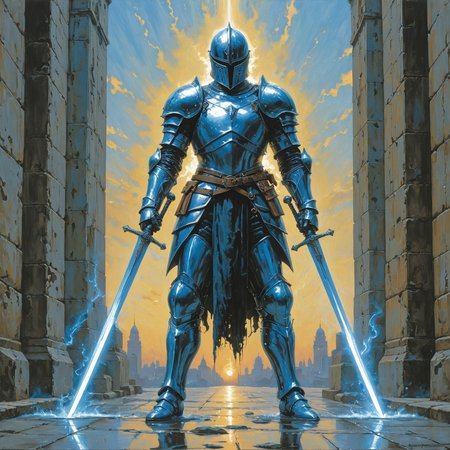 by Mike Worrall and Hajime Sorayama,  <lora:EnvyCelShadedXL01:0.75> ,   fantasy, 1 hero with dual swords <lora:dual_swords:0.55>