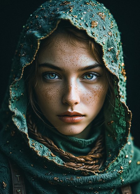 aged Linkle, Style of Zelda, in a close-up portrait. Show the rugged skin, blushed Face, Large scar, rough, gritty, the green linen hood pulled low over her face, a mischievous, somewhat intoxicated smile. Let her armor reflect the victories of past battles, worn and weathered but still of great value, much like the hero himself.. feminine, mysterious, Ethereal, Closeup portrait, a captivating vibrant dark moody but beautiful and erotic impression of freckled linkle from zelda, adult DARK, moody, Large Green linen Hood, capturing the essence of a cyborg linkle from zelda in fight stance, defying expectations by conjuring a oversized translucent colorful deku hooded cape. ethereal, atmospheric haze, Film grain, cinematic film still, shallow depth of field, highly detailed, high budget, cinemascope, moody, epic, OverallDetail, gorgeous, 2000s vintage RAW photo, photorealistic, candid camera, color graded cinematic, eye catchlights, atmospheric lighting, skin pores, imperfections, natural, shallow dof, In the depths of this nocturnal tableau lies the promise of exploration and discovery, where the spirit of the adventurer converges with the boundless possibilities of the Blue cosmos. Though Earthbound for now, her spirit remains untethered, reaching out towards the distant stars with an unyielding resolve to explore, to discover, and to soar beyond the limits of imagination.
