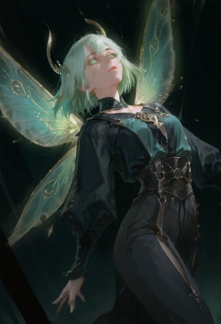 best quality, masterpiece, absurdres, newest, <lora:USNR STYLE_XL_lokr-000085:1>,usnr, usnr, 748cmstyle, very awa, dynamic posing, longshot angle, perfect face, extremely detailed, 
BREAK
a digital drawing in a dark, anime-inspired style, it features a close-up of a  serene and ethereal figure with delicate features stands in a dreamlike composition. They possess translucent, fairy-like wings that shimmer softly, blending into the background, green eyes, khol.arcane imbued eyes, glowing eyes, 
BREAK
the background is a solid green, which contrasts sharply with the character's dark attire, making them stand out vividly, the overall mood of the drawing is intense and dramatic, with sharp lines and shading that enhance the texture and depth of the artwork,