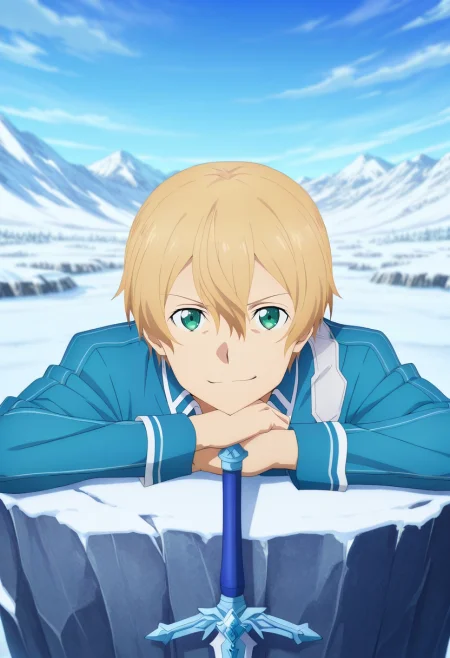 masterpiece, best quality, , anime screencap, anime coloring, official style, looking at viewer, 1boy, solo, male focus, <lora:eugeo_sao_ilxl:0.94>, eugeo_sao, blonde hair, green eyes, bangs, hair between eyes, short hair, sword, panorama, snowy mountain, dawn, leaning on object, smirk,