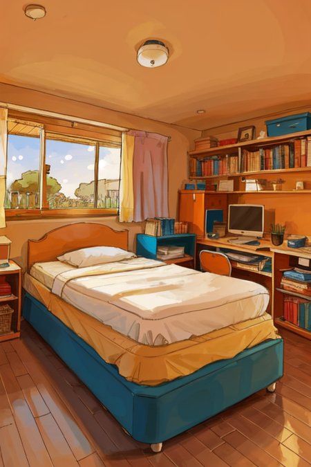 celluloid, best quality, masterpiece, comic flat illustration, art by Parnwell, E. C, no humans, digital color, highres, creative, hyper detailed,
simple english bedroom