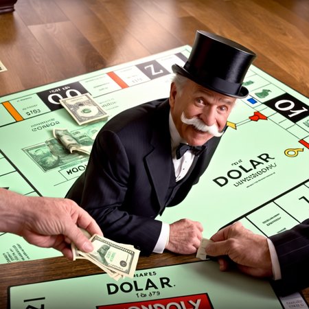 Generate a realistic photo of a hand extending out, offering cash to a man. This elderly gentleman should be portrayed with a prominent mustache, wearing a formal suit and a top hat. The focus is on the exchange, capturing the moment of transaction. The background features a Monopoly-style game board to emphasize the thematic connection. The scene highlights the details of the cash and their expressions, with natural lighting enhancing the realism of the transaction , <lora:cashbaba_xl:0.85>,(dollar), (  real-life interpretation of the iconic Monopoly man )