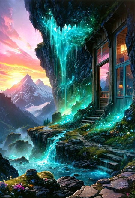 (by Ellen Jewett:1.5), (Bioluminescent Impressionism, alien mountain landscape , their peaks veiled in mist. mixed media, surrealism, great lighting, A surreal landscape highly detailed . extremely high-resolution details,  appears trapped in an optical illusion of reflections and refractions colorful , mountain cabin built into a cliff with a brilliant porch looking out over mountains , professional photography, natural lighting, volumetric lighting maximalist. intricately detailed, complex, elegant, expansive, fantastical, film photography style,  medium graincinematic experience.,, illustration, cinematic
<lora:DonM3t3rn1tyXL-v1.1:0.7>, DonM3t3rn1tyXL,
OverallDetailXL  <lora:MJ52:0.3>  <lora:SDXLFaeTastic2400:0.4>  <lora:EpicF4nta5yXL:0.7>.  great beams of light shooting up into the sky,  sky sunset, sunrise ,waterfall, ethereal landscapes, depth of field, biotech emotion:1.3) <lora:xl_more_art-full_v1:0.5> <lora:add-detail-xl:1> <lora:RMSDXL_Creative:2>