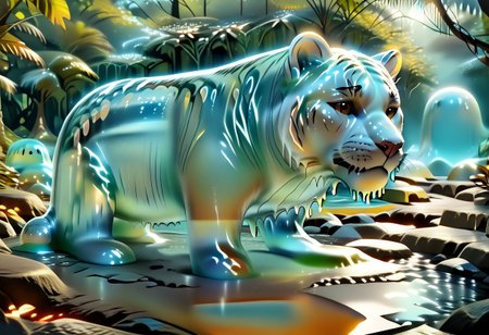 animal_guardian, tiger, a white tiger with black stripes, Tiger made out of slime, slime tiger in a jungle, jungle made out of slime, 
natural light, no bright spots, 
((translucent slime)), ((transparent slime)), made of water, (bioluminescent slime), sl1m3, slime, slime-morph, ais-blmn, saturated colors, no creatures, no humans, no monsters, no pokemon, scenery only, scenery, ral-lava, watce