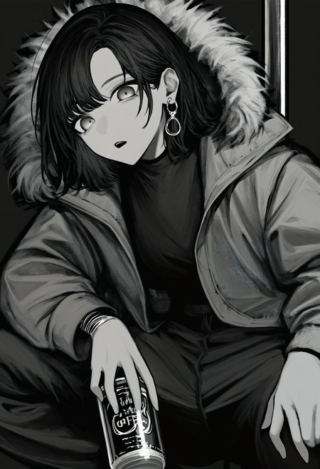 <lora:TnhocXQ=-noobaiXLNAIXL_epsilonPred_V110_V1-CAME>, Tnho, monochrome, greyscale, 1girl, solo, black hair, looking at viewer, pole, holding, squatting, holding can, grey eyes, can, black background, jacket, fur trim, hood, medium hair, jewelry, long sleeves, simple background, parted lips, open mouth, canned coffee, earrings, coat, open clothes, holding bottle, grey coat, fur-trimmed hood, black shirt, bottle