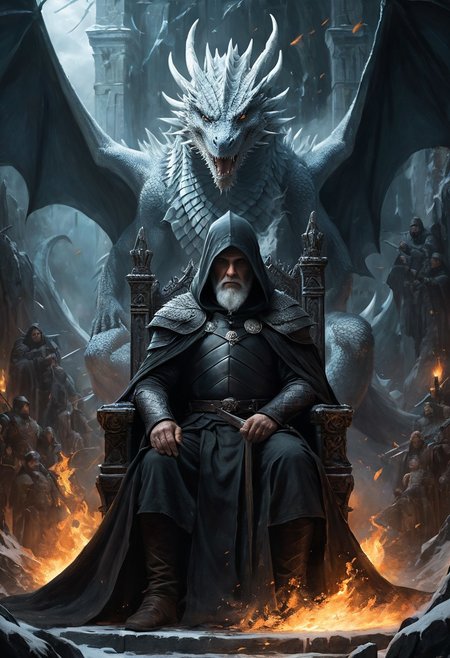 very long shot, (dragon:1.2), 1man, dragon standing behind man,  (very old man with a black hood:1.3), long white hair, (black robe:1.3) , sitting on a throne, throne of swords, thousand swords throne, Game of Thrones, dragon looming over,  epic fantasy character art, concept art, fantasy art, (ice swirling:1.3), (fire swirling), ((best quality)), ((masterpiece)), detailed soft oil painting, detailed background, dramatic cinematic lighting, soft edge lighting, professional, ultra quality, 4k, extremely detailed, Game of Thrones style