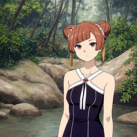 <lora:FBJE_LaufenXLIllustrious008>,
masterpiece,best quality,good quality,newest,
detailed background,nature,
looking at viewer,
solo,
Laufen,1girl,brown hair,short hair,double bun,brown eyes,yellow hairornament,
black dress,bare shoulders,
upper body,
standing,