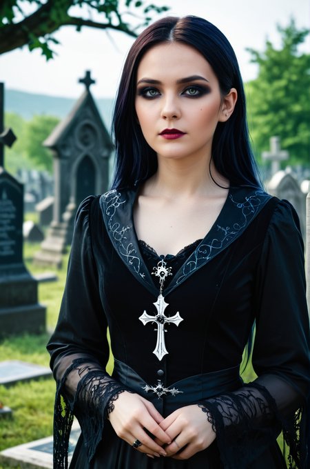 breathtaking female necromancer in a graveyard, atmospheric, cinematic, high detail, masterpiece, gothic  <lora:S4ndr4_nm_4:0.75> S4ndr4. award-winning, professional, highly detailed