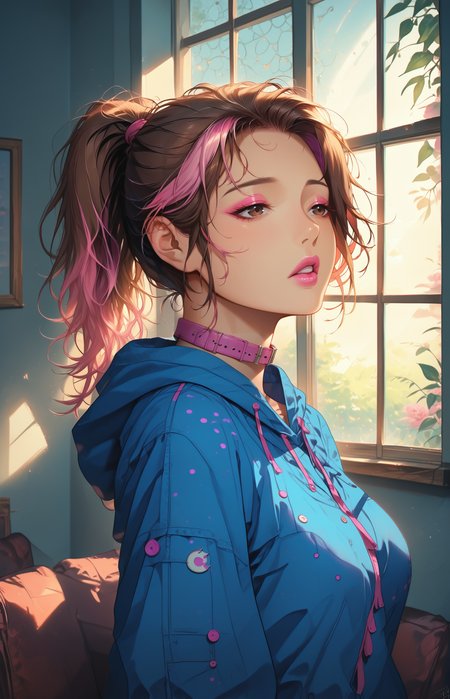 score_9,score_8_up,score_7_up, perfect hands, detailed background, smooth skin, detailed background, ukiyo-e, shiny skin, tiny leather couch, (looking out of the window:1.6), night, darkness, dimly lit, starlight, wide shot, printed onesie, blue onesie, window, back view, open eyes
(1 female), brown hair, pink highlights, high ponytail, detailed hair, large breasts, pale pink lipstick, detailed brown eyes, pink glossy eyeshadow, elongated Eyeliner, leather collar, parted lips
<lora:add-detail-xl:1>  <lora:CORE:1> <lora:GarvGirlsPony:1>  <lora:S1_Dramatic_Lighting_v2:0.7> s1_dram <lora:Eyes:0.5>