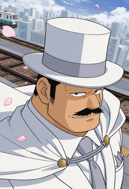 1boy, (portrait:1.7), looking at viewer, dutch angle, from above, falling petals, standing, above train, railroad tracks, naughty face,
BREAK
<lora:Kiyonaga_Matsumoto_from_Detective_Conan_v1.1:1> (plump:1.2), (long sideburns:1.5),
kiyonagamatsumoto, mature male, black hair, no eyebrows, flattop, thick mustache, forked mustache, scar across eye, anime screenshot,
BREAK
white suit, white hat, top hat, white cape, floating cape, standing, city, cityscape, day, cloudy sky,
BREAK
very awa, masterpiece, best quality, absurdres, newest, perfect quality, detailed background, intricate details,