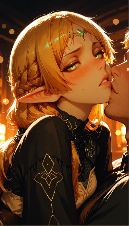 masterpiece, best quality, ultra detailed, amazing quality, very aesthetic, newest, (high res, 8k:1.2)
1girl, solo, sui \(isekai ojisan\), Riding on top of a man,
A girl in love, watery eyes, Tsundere, pleasured face, embarrassed, parted lips, kiss face,
green eyes, blonde hair, forehead jewel, pointy ears
looking at viewer, upper body
1boy, middle-aged, stubble
<lora:illustrious_best_quality_v1:0.5> <lora:ppw_v7_Illuv1.0_1_r2:0.6>
<lora:Detailer_NoobAI_Incrs_v1:0.6> <lora:illustriousXL_stabilizer_v1.23:0.35>
BREAK
cinematic lighting, blurred background, depth of field, bokeh
Medieval Inn
<lora:MoriiMee_Gothic_Niji_Style_Illustrious_r1:0.5> artist:moriimee
<lora:nhl-001:0.6> nhl-001, limited palette, realistic