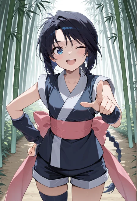 1girl, long hair, black hair, blue eyes, braid, ninja, sleeveless, obi, ribbon, shorts, arm warmers, leg wrap, tabi, sandals, hand on own hip, pointing at viewer, smile, wink, open mouth, cowboy shot, outdoors, bamboo forest   <lora:miaso_illus:1>, masterpiece, best quality, amazing quality, very aesthetic, absurdres, highres, newest