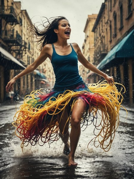 Psychedelic style (((A beautiful Innovative Thinker, 35 years old woman, with Rare Traits Included:, wearing This list showcases creative outfits that push fashion boundaries while celebrating individuality! If you need more ideas or specific themes explored further within these descriptions, just let me know!.  Dancing in a rainstorm wearing a tutu made of spaghetti, she twirls joyfully, splashing puddles while strands of pasta cling to her arms and legs like wet noodles..))) (((with exaggerated expressions))) With Pollock-esque Paint Splatters: The fruit appears to be covered in chaotic, colorful paint splatters à la Jackson Pollock., Miniature Faking Techniques: Shoot real-life scenes from high angles while using shallow depth-of-field effects in post-processing to make them appear like miniature models for whimsical outcomes..(dynamic:1.1),sun rays,(taken by 12.5mm fisheye lens:1.1), 
(Vivid, HDR, Canon50, 8K, Hyper Realistic, Dramatic, Epic, Dynamic Contrast, Cinematic Lighting, increased brightness)(((Zoomed Out, Far away Shot))) = =. Epic dynamic lighting , vibrant,highly detailed,psychedelic,((Psychedelic, rainbow glow ))
((Vivid, Epic, Dynamic contrast)) (((Zoomed out, Far away shot, In frame)), (((Cinematic)))
<lora:juggernautXL_version6Rundiffusion:0.8> <lora:crystalClearXL_ccxl:0.8> <lora:QuadpipeQp_sdxlV2:0.8>
 <lora:RMSDXL_Photo:0.4>((<lora:fangs_jaws-000009:0.9> woman, fangs, jaws. jaws, bald man, jungle, , side view, torn mouth)), - Generate images with sharp edges and fine details.
- Produce high-resolution images with no blurriness or distortions.
- Create images with clear and well-defined subjects.
- Ensure that the output images have crisp lines and distinct features.
- Generate images with vibrant colors and accurate tones.
- Avoid noise or artifacts in the generated images.
- Focus on producing clear textures and patterns in the images.
- Emphasize clarity and definition in all aspects of the generated images.
- Prioritize the sharpness and clarity of the main subjects in the images.
- Optimize the AI model to produce clear and visually appealing images., Wlop, By art germ, Ross tran . Vibrant colors, swirling patterns, abstract forms, surreal, trippy