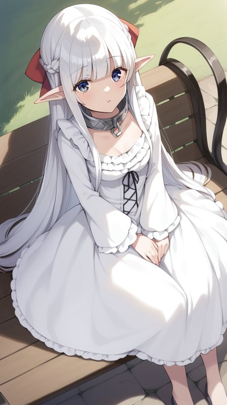 score_9, score_8_up, score_7_up, source_anime, BREAK
1girl, solo,  dynamic angle, looking at viewer, from above, BREAK
outdoors, bench, under a tree, shadow, grass BREAK
 <lora:Nephilia:0.8>, nephilia, white hair, very long hair, (blue eyes:1.2), braid, pointy ears, elf, red bow, blunt bangs, metal collar, frills, long sleeves, frilled sleeves, white dress, white dress, frilled dress, (small breasts:1.2), cleavage, sitting on floor, uneasy