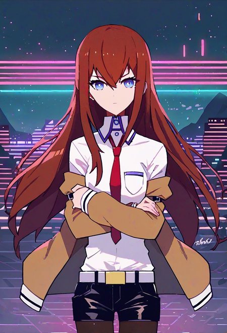 score_9, score_8_up, score_7_up, score_6_up, source_anime, mountainous horizon, sunset, neon lights, cityscape, 1girl, looking at viewer, neon trim, MinimalStyle, retrowave, ((Makise_Kurisu)), brown jacket, off shoulder, white shirt, red necktie, black shorts, pantyhose, legwear under shorts, white belt, makise kurisu, blue eyes, crossed arms