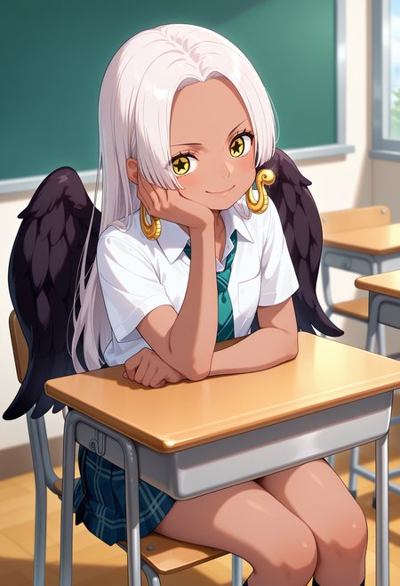 best quality, masterpiece, aass, long hair, white hair, dark-skinned female, earrings, yellow eyes, star-shaped pupils, black wings, <lora:s-snake_ilxl_v1:0.9>, school uniform, arm rest, hand on own cheek, sitting, desk, smile, classroom, on chair,