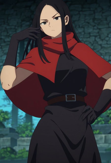 masterpiece, best quality, newest, absurdres, highres, 
DMStyle-DmpackV1.0, official style,
DMPACK-1-Rinsha, asian, asian female, long hair, black hair, black eyes, belt, black gloves, gloves, cape, red cape, short cape, dress