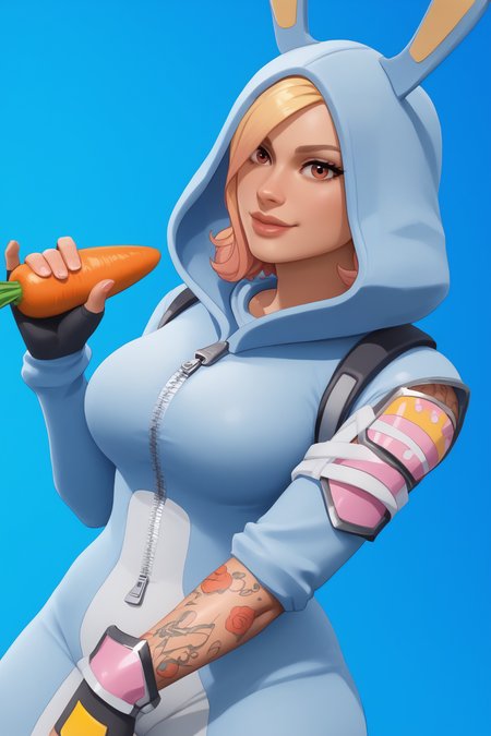 score_9, score_8_up, score_7_up, masterpiece, high quality, BREAK
 <lora:Bunny Brawler PennyPonyLoRA:1>bnnybrwlpnny, short hair, animal hood, onesie, shoulder straps, single shoulder armor, zipper, fingerless gloves, single long sleeve, tattoo, single bracer,  holding carrot, sucking carrot, in a robbit hole