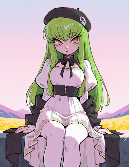 1girl, solo, <lora:knuxze:1> knuxze,
c.c., long hair, green hair, yellow eyes, mori girl outfit, vintage dress, puffy sleeves, white pantyhose, shawl, beret, sitting on a hillside, flying a colorful kite against the clear sky
, extremely detailed, highres, masterpiece, best quality