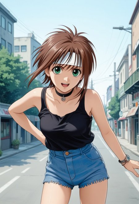 score_9, score_8_up, score_7_up, BREAK source_anime, masterpiece, 
1girl, solo, kirisawa fuuko, brown hair, short hair, green eyes, headband, choker, denim, black tank top, short shorts,  <lora:fuuko_pony-000010:1>
outdoor,
