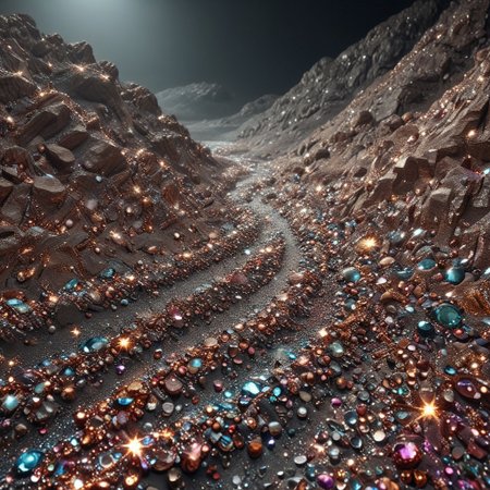 high quality, high details, ultra detailed,  road made of gems  in space, empty road sides, black background road sides,