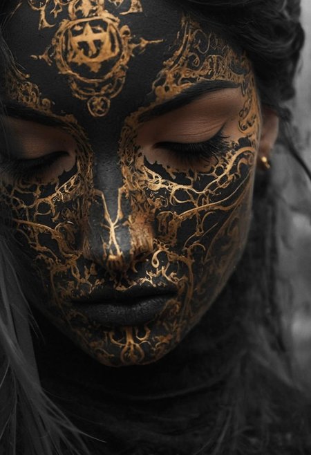 Photograph, a sss wired-cyborg Busty woman made of black smoke, full face tattoo inspired By satanistic designs, golden hour light, fragile, intricate details, masterpiece, award winning, rich, breathtaking,  bokeh, atmospheric