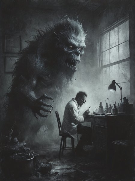 The monster scientist , illustration,  <lora:Desolation:0.6>