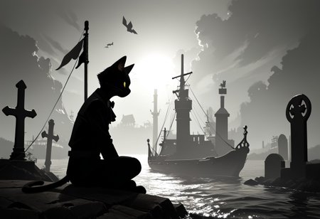 (masterpiece), (score_9, score_8_up, score_7_up,source_anime), 4K8K,
cat, focus. punk, male, 
(scope view, far view), (silhouette cat, black and white cat, tuxedo cat, solo), (solo:1.3), (sitting), scenery, 
(leather culottes),  (backlighting, silhouette:1.3), 
outdoors, (Viking Ship, graveyard, A battered ship that ran aground), 
<lora:harada_miyuki_style:1>
<lora:backlighting-000001:1>