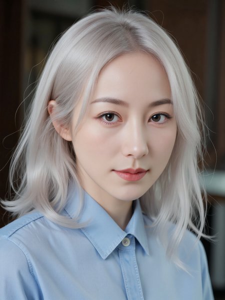 a woman, white hair, blue shirt, light smile, portrait, blurred background