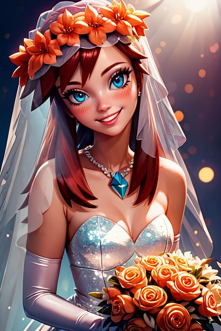 score_9, score_8_up, score_8, medium breasts, (curvy), cute, eyelashes,       BREAK, , zzMelody,  <lora:Melody_Pokemon_PDXL:1.0>,  , BREAK, (ultra realistic,32k, masterpiece:1.2),(high detailed skin:1.1),( high quality:1.1), curvy, head tilt, hearts, blush, lips, curvy, head tilt, shiny clothes, (upper body), looking at viewer, bokeh, luminescent background, smile, looking at viewer,  bride, wedding dress, bridal veil, strapless dress, elbow gloves,  holding bouquet,  hearts, white outline, cowboy shot, embedding:zPDXL, Expressiveh,  <lora:RlAnmPDXL:1.0>,