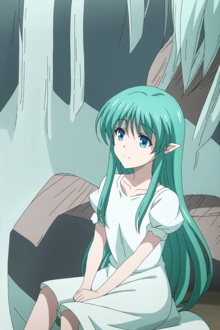 yousei, anime art style, 1girl, solo, long_hair, blue_eyes, shirt, dress, very_long_hair, collarbone, upper_body, short_sleeves, green_hair, wings, pointy_ears, puffy_sleeves, puffy_short_sleeves, aqua_hair, alternate_hairstyle, hair_down, fairy_wings, fairy