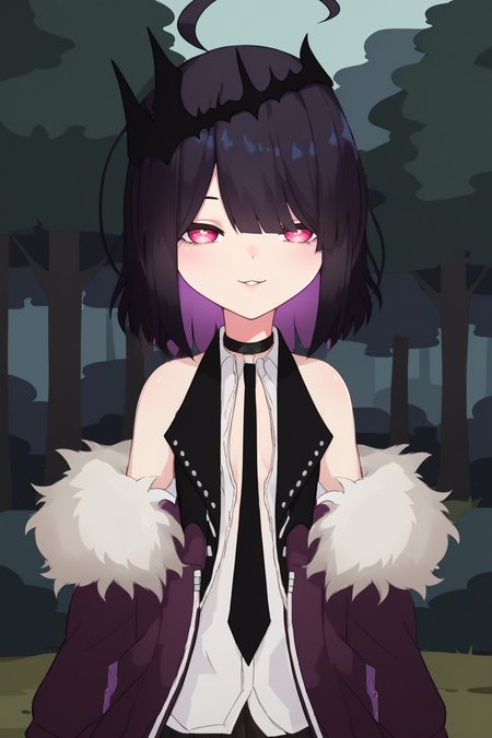 score_9, score_8_up, score_7_up, score_6_up, BREAK, AnniePrincessuGoticaVTPXL, pink eyes, black hair, purple hair, colored inner hair, medium hair, bangs, ahoge, black crown, flat chest, bare shoulders, black choker, black necktie, fur trim, purple jacket, off jacket, white shirt, open clothes, miniskirt, black skirt, pleated skirt, solo, front view, (portrait, upper body), solo focus, seductive smile, looking at viewer, forest, tree <lora:AnniePrincessuGoticaVTPXL:1>