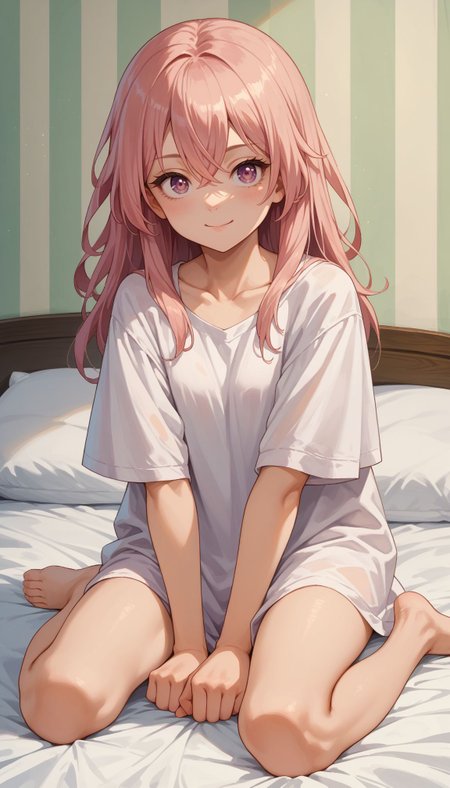 score_9, score_8_up, score_7_up, source_anime,  sit, bed, indoor, smile
 <lora:Inui Sajuna :1>ccsajuna,pink eyes,purple eyes,pink hair,long hair,hair between eyes,bangs,collarbone,shirt,white shirt,oversized clothes,short sleeves,barefoot