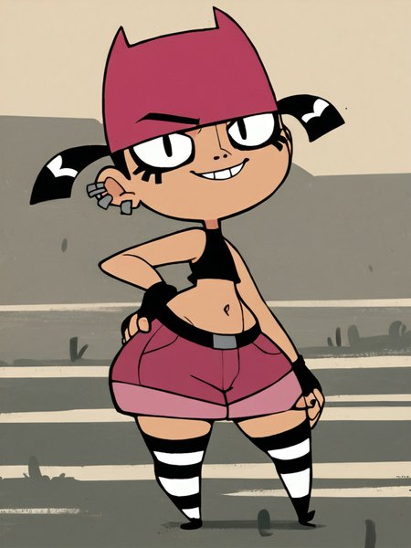 <lora:TiffPony1.0:0.8> tiff, 1girl, black hair, mascara, ear piercing, short hair, short twintails, solo, smile, pink cat hat, black eyes, black crop top, black fingerless gloves, navel, pink shorts, striped thighhighs, standing, looking at viewer, score_9, score_8_up, score_7_up, score_6_up, score_5_up, score_4_up, outdoors, hand on hand on own hip, short,short stack,