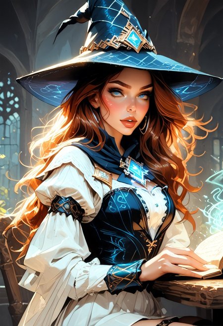 Safe_pos, (score_9, score_8_up, score_8), ((zPDXL3)), ((zPDXLxxx)), ultra detailed, high resolution, high quality, masterpiece, intricate details, intricate body, intricate landscape, knva, Expressiveh, hkmagic, missfortune, European Instagram Model, Sorceress, Wizard, Casting Thunder Magic Spells, Magic Circle, Thigh Strap, Tavern, midnight, 1girl, source_cartoon, Petite, ((Dark-Auburn Hair, Blue Eyes, Full Lips, Delicate and Smooth Skin, Blush Perfect Body, Highly Detailed, Glossy Lips)), ((Witch Hat)), Beautiful, Attractive, (Long Hair, Shiny Hair), (perfect round breasts, large breasts), (Wizard), ((Femme Fatale)), Tight-Fitting Blue-and-White Dress, Corset, Sexy, Belt, Brown Thigh-High Boots, Fantasy, Medieval, ((Extremely Detailed Face and Eyes)), Looking at Viewer, (Flirty Smile), Soft Lighting, Warm Lighting, Unique Angle, Unique Perspective, Dramatic Angle, ((Full Body)), From Above, Side Shot, ((Sitting on Tabletop, Arched Back, Leaning Back)), Tomes in Background, Magic Book, Ritual
<lora:add-detail-xl:1.5>,
<lora:Expressive_H:0.7>,
<lora:Kenva:1>,
<lora:incase_2024_new_style_upscaled_with_big_images:0.8>,
<lora:missfortune:0.65>,
<lora:Fantasy_Wizard__Witches_Pony:0.4>,