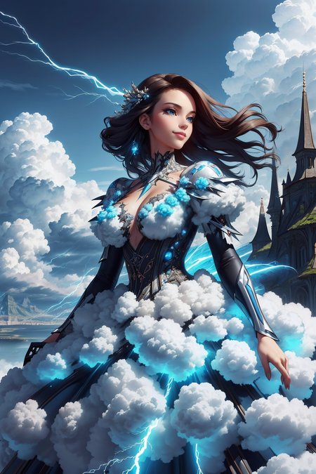((masterpiece,best quality,edgQuality)),(smile),standing,posing,
edgTCloud, a woman wearing a dress made of thunder clouds ,wearing edgTCloud
 <lora:edgThunderCloud:1>